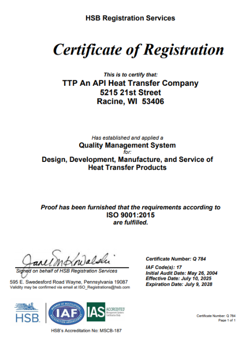 Racine, WI ISO Certificate